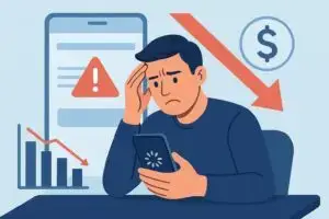 Frustrated man holding a smartphone with loading screen, symbolizing hidden costs of ignoring mobile users in 2025.