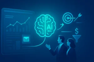 Business professionals analyzing AI agents for marketing dashboard showing automation, targeting, and ROI metrics