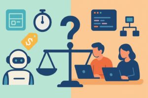 Illustration comparing AI app builders vs traditional development teams — speed, cost, and scalability trade-offs