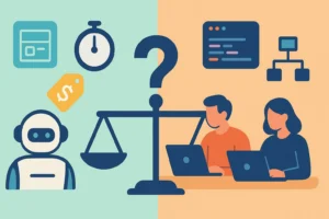 Illustration comparing AI app builders vs traditional development teams — speed, cost, and scalability trade-offs