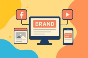 Illustration showing a computer monitor labeled "Brand" connected to social media and mobile icons, symbolizing brand consistency across digital touchpoints.
