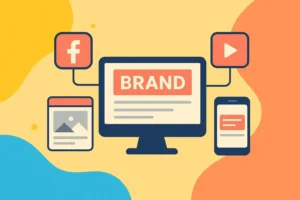Illustration showing a computer monitor labeled "Brand" connected to social media and mobile icons, symbolizing brand consistency across digital touchpoints.