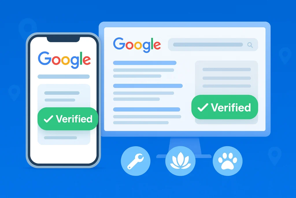 Illustration of a business profile with the green Google Verified badge for Local Service Ads in 2025