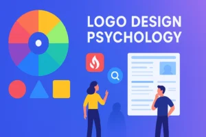 Colorful logo design palette showing different logo shapes and colors representing brand psychology and customer emotions