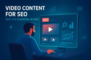 Marketer optimizing video content for SEO with analytics dashboard and video thumbnails on screen