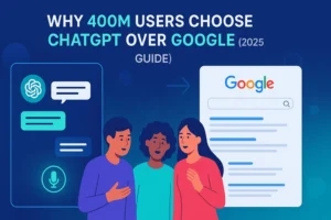 Comparison illustration of ChatGPT and Google search, showing users engaging conversationally with AI while traditional search results appear alongside
